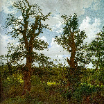 landscape with oak trees and a hunter