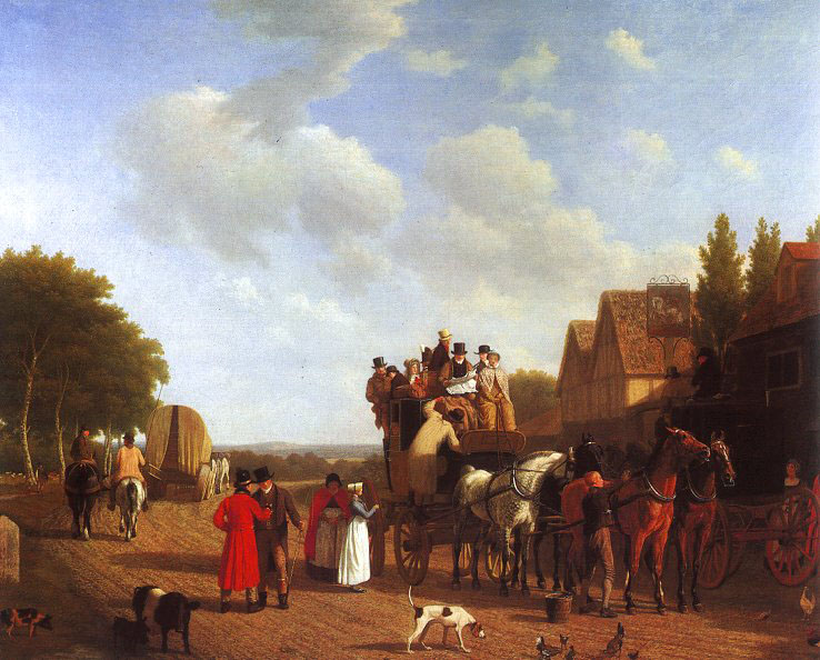 Last Stage on the Portsmouth Road by jacques-laurent agasse 19th century art history realism animals stagecoach horses dogs men women buildings wagon pig hens rabbits covered wagon