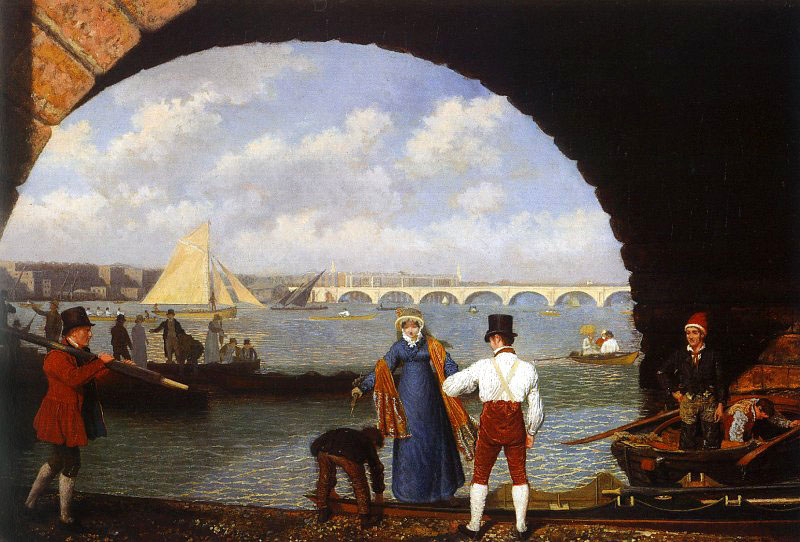 Landing on the Westminster Bridge jacques-laurent agasse art history realism sailing ship yacht men women rowing boat bridge water