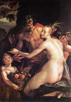 Bacchus Ceres and Cupid Bacchus, Ceres and Cupid - Hans Von Aachen German mannerist art history men women mythological gods nude fruit wine feathers flowers sixteenth century