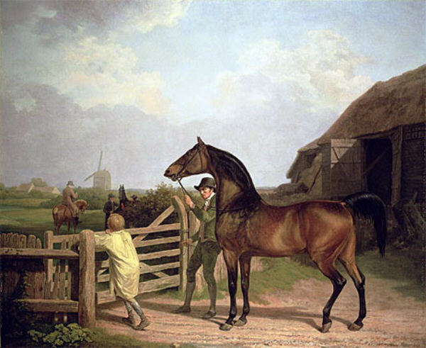 Bay Ascham Stallion Led Through a Gate to a Mare bay ascham stallion jacques-laurent agasse led through a gate to a mare agasse painting landscape art history realism horse animal man boy building