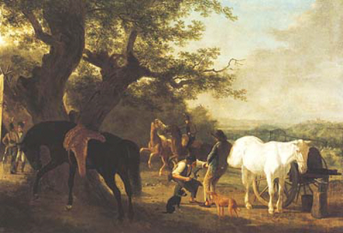 Blacksmith in an Open air Forge Blacksmith in an Open air Forge jacques-laurent agasse art history realism landscape trees animal shoeing horse men man forge job ocupation